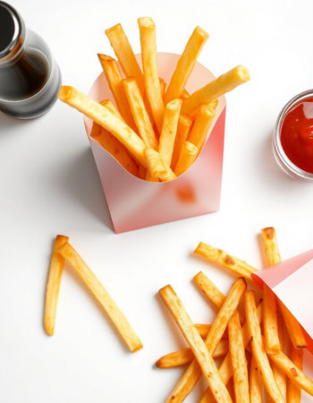 French fries in paper box and ketchup on white background, top view