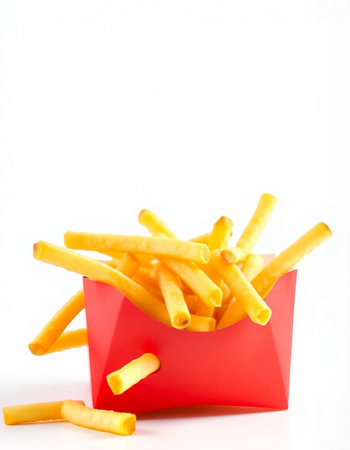 French fries in a red box on white background. Selective focus.の写真素材