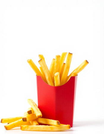 French fries in a red box on a white background. Selective focus.