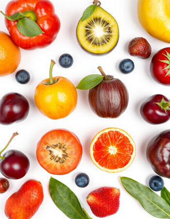 Fruits and berries isolated on white background. Top view. Flat lay pattern