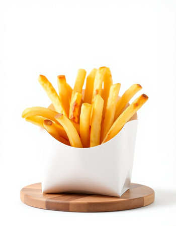 French fries in a paper box on a white background. Fast food.
