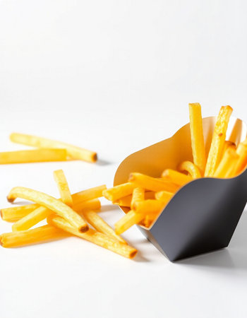 French fries in a black box on a white background. Selective focus.の写真素材