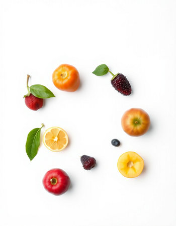 Fruit composition on white background. Flat lay, top view.の写真素材