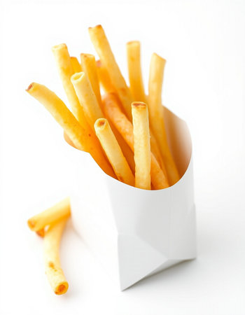 French fries in a white box on a white background. Selective focus.