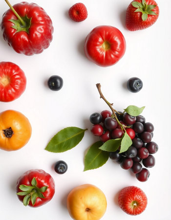 Composition with fresh fruits and berries on white background, top viewの写真素材