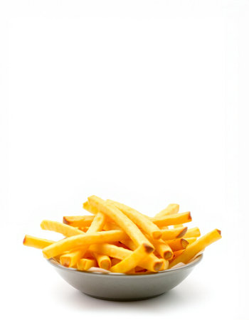 French fries in a bowl on white background. Selective focus.