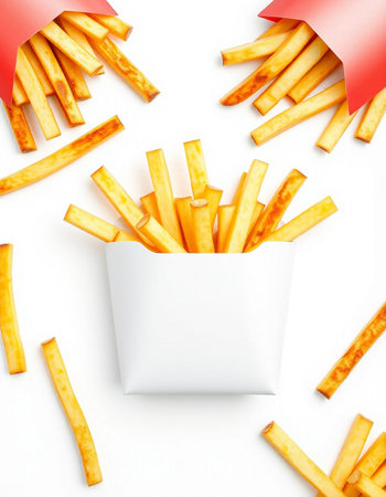 French fries in paper box isolated on white background. Top view.の写真素材