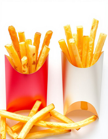 French fries in paper box isolated on white background, clipping path included