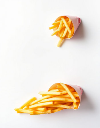 French fries in paper cups on white background. Top view, copy spaceの写真素材