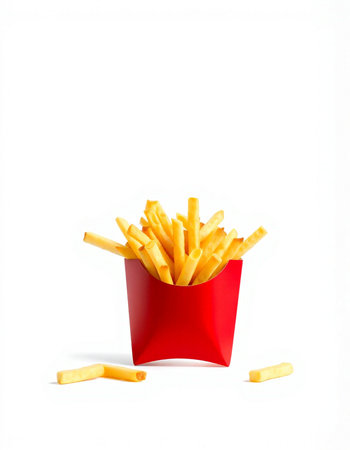 French fries in a red box isolated on white background. Fast food.
