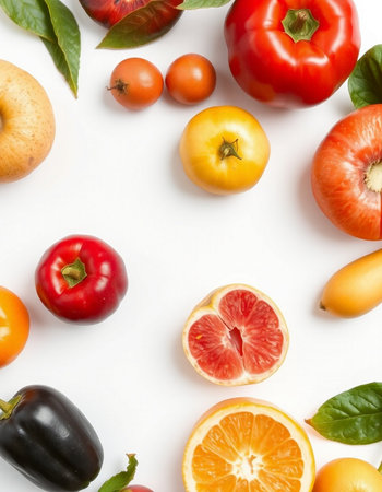 Fruits and vegetables isolated on white background. Flat lay, top viewの写真素材