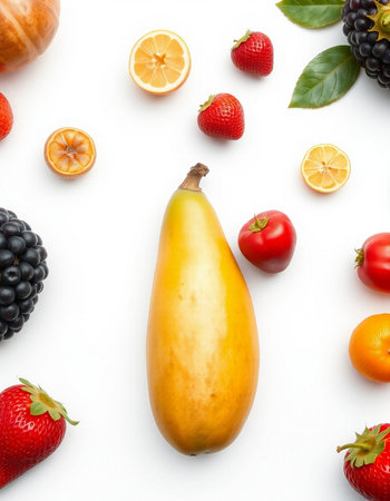 Fruits and vegetables on a white background. Flat lay, top viewの写真素材