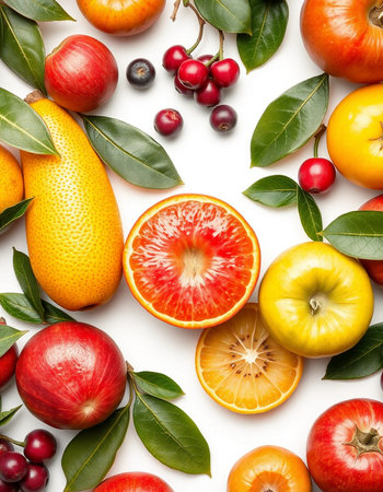 Fruits and berries on white background. Top view. Flat lay patternの写真素材