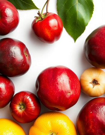 Red apples and other fruits on a white background. Top view.の写真素材