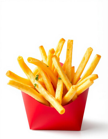 French fries in a red box isolated on white background. Selective focus.