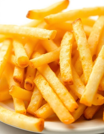 Golden French fries potatoes on white plate. Close up. Selective focus.の写真素材