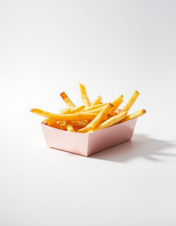 French fries in a pink box on a white background. Fast food.の写真素材