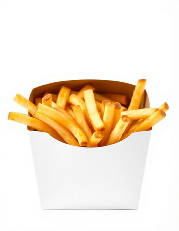 French fries in paper box isolated on white background, clipping path included