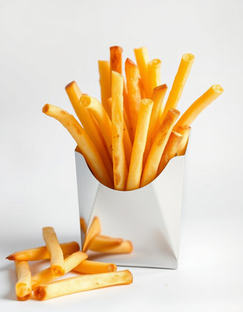 French fries in paper box on white background. Selective focus.