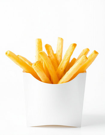 French fries in a white box on a white background close-up