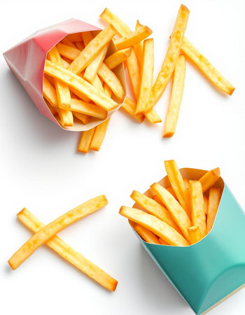 French fries in a paper box on a white background, top view
