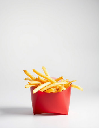 French fries in a red box on a white background. Fast food.の写真素材