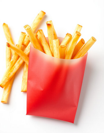 French fries in a red package on a white background, close-upの写真素材