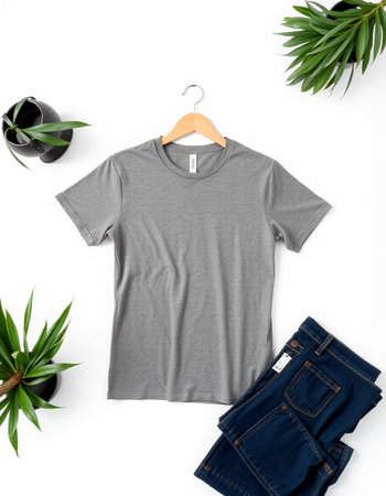 T-shirt on hanger with jeans and plants on white backgroundの写真素材