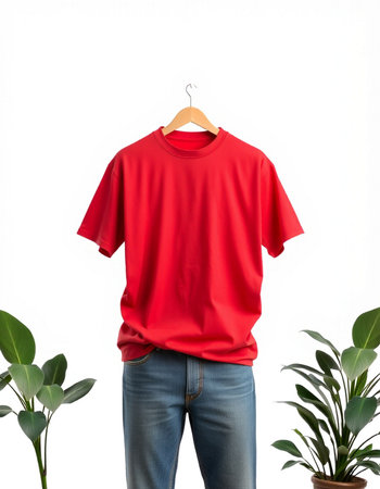 Red t-shirt on a hanger, isolated on white backgroundの写真素材