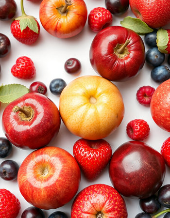 Fruits and berries on a white background. View from above.の写真素材