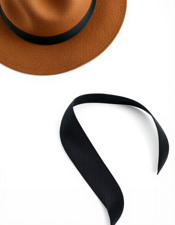 Brown hat and black ribbon isolated on white background. Top view.の写真素材