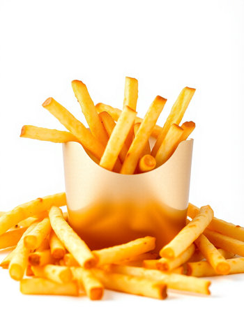 French fries in a paper box on a white background. Isolated
