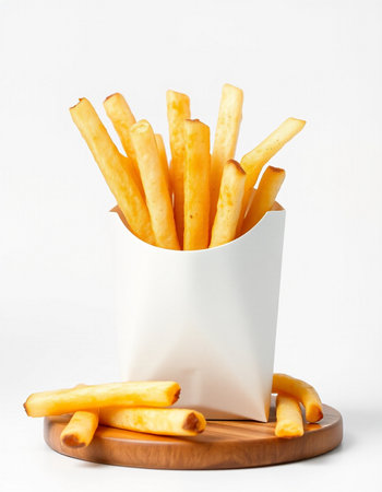 French fries in a white box on a wooden stand on a white background