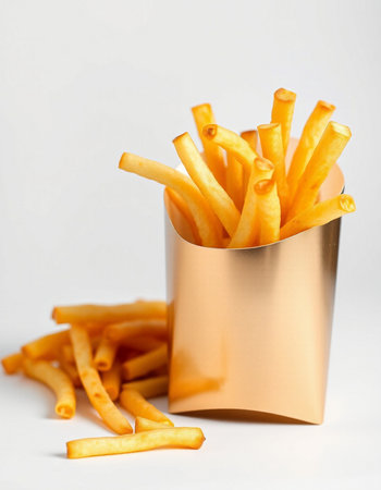Golden French fries in a paper box on a white background. Selective focus.の写真素材