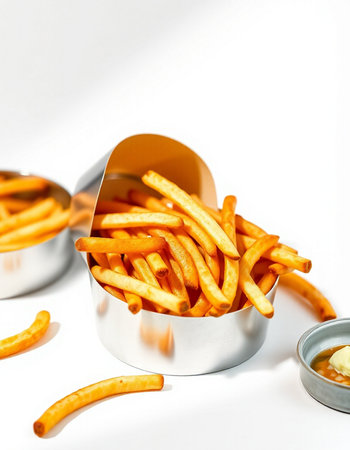 Golden French fries with ketchup and mayonnaise on white background
