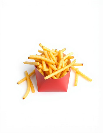 French fries in a red box isolated on white background. Top view.