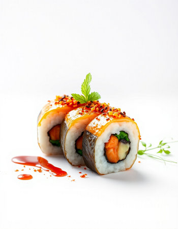 Sushi roll with salmon, cream cheese and vegetables on a white backgroundの写真素材