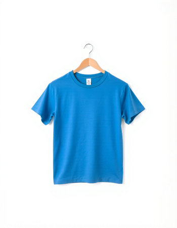Blue t-shirt on hanger isolated on white background with clipping pathの写真素材