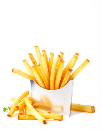 French fries isolated on white background. Selective focus, shallow depth of field.