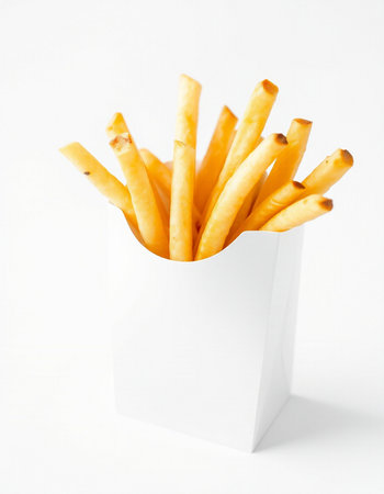 French fries in a white box on a white background, close-up