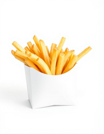 French fries in paper box isolated on white background. Close up.