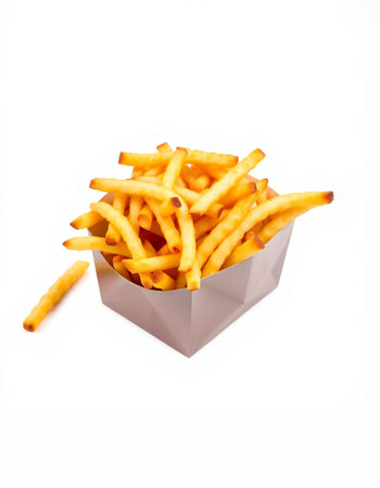 French fries in a paper box on a white background. Fast food.