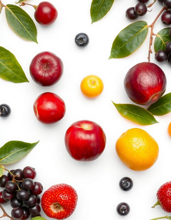 Fruits and berries on white background. Flat lay, top viewの写真素材