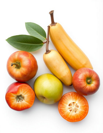 Banana, apple and orange isolated on white background. Top view
