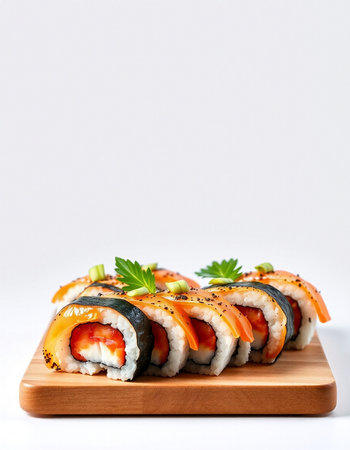 Sushi roll with salmon, avocado and cucumber on white backgroundの写真素材