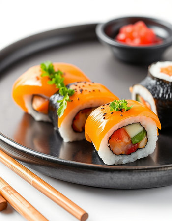 Sushi roll with salmon, eel, avocado, cucumber and cream cheese on black plateの写真素材