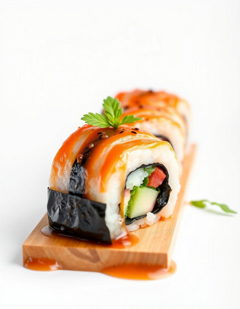 Sushi roll on a wooden plate isolated on a white background.の写真素材
