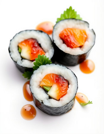 Sushi roll with salmon, cream cheese and cucumber on a white backgroundの写真素材