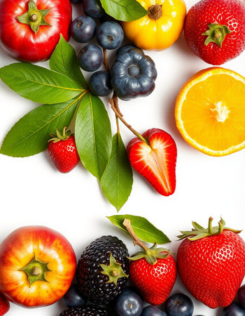 fresh fruits and berries isolated on white background. top view. flat lay