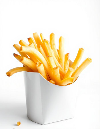French fries in a white box on a white background, close-up